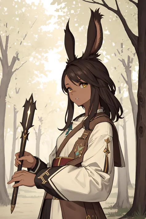 <lora:Sierra:0.7> sierra, masterpiece, best quality, 1girl, solo, brown hair, rabbit ears, yellow eyes, brown skin, landscape, forest, light rays, light particles, caster attire, wand, casting magic, magic particles