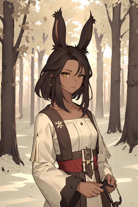 <lora:Sierra:0.7> sierra, masterpiece, best quality, 1girl, solo, brown hair, rabbit ears, yellow eyes, brown skin, landscape, forest, light rays, light particles, caster attire, wand