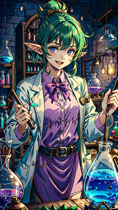 <lora:AlchemyPunkAI:0.8> alchemypunkai, 1girl, elf, pointy ears, green hair, purple eyes, lab coat, mad laughter, in the laboratory