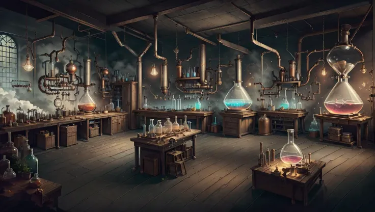 Steampunk style <lora:AlchemyPunkAI:1>, a small alchemy laboratory with a large window and a lot of flasks standing around, a forest surrounds the laboratory outside and is visible through the window, forest, ((masterpiece:1.4)), ((best quality, highest quality:1.4)), ((high-resolution:1.2)), (detailed), wonderful coloration, fantastic arrangement, eerie atmosphere, atmospheric lighting, magical lighting, coherent structures, coherent placement, sharp focus, crisp, 4k, perfect sharpness, intricate details, ornate, gaseous mist, tinkerer's tools, alchemist tools, crisp edges, crisp objects, keen, pin sharp, perfectly exact, perfectly drawn objects, accurate object placement, perfectly structured objects, extremely detailed, highest details, perspective, ((ultra-detailed)), (highly detailed CG illustration), <lora:add_detail:0.3> . Antique, mechanical, brass and copper tones, gears, intricate, detailed