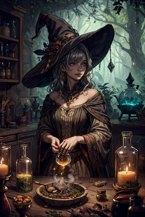 (best quality, masterpiece:1.2), photorealistic, thick outlines, strong shadows, <lora:add_detail:0.75>,
1 girl, adult woman, yellow eyes, silver textured hair,
(style-sylvamagic:1.0), looking up, solo, (full body:0.6), detailed background, detailed face, (<lora:AlchemyPunkAI:0.6>, alchemypunkai theme:1.1), light smile, charlatan, wearing (dark orange:0.7) witch hat, rustic hut in the forest, indoors, cluttered dirty kitchen, steaming iron cauldron, incense, small sacks, corked bottles, herbs, moss, spices, dried plants, mushrooms, natural remedies, vials, roots, witchcraft, dark sinister atmosphere, dim lighting