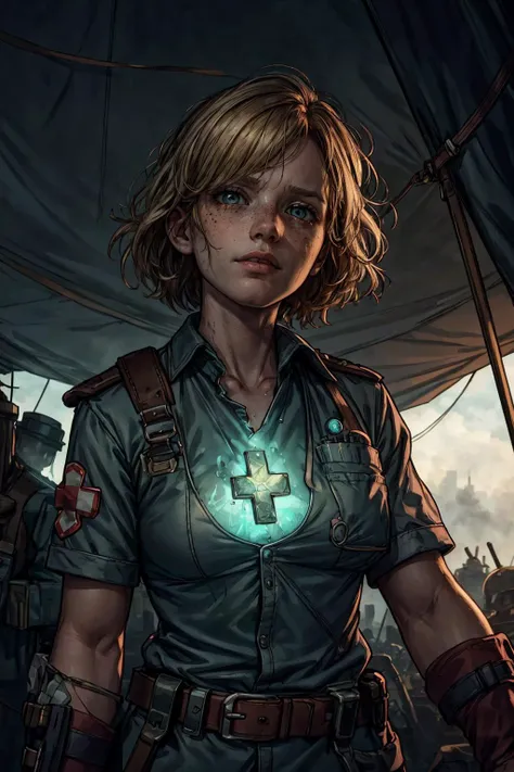 (best quality, masterpiece:1.2), photorealistic, thick outlines, strong shadows, <lora:add_detail:0.75>,
1 girl, adult (elven:0.7) woman, freckles, ruby eyes, blonde fringe hair,
portrait, solo, upper body, looking up, detailed background, detailed face, (<lora:AlchemyPunkAI:0.6>, alchemypunkai theme:1.1), battlefield-medic, field-surgeon, intense expression, military medic uniform, gloves, belt, red cross, flag, toruniquet, morphine, medical aid, war torn battlefield-hospital tent in background, dark fog, emergency, cinematic atmosphere,
<lora:epi_noiseoffset2:0.5>,