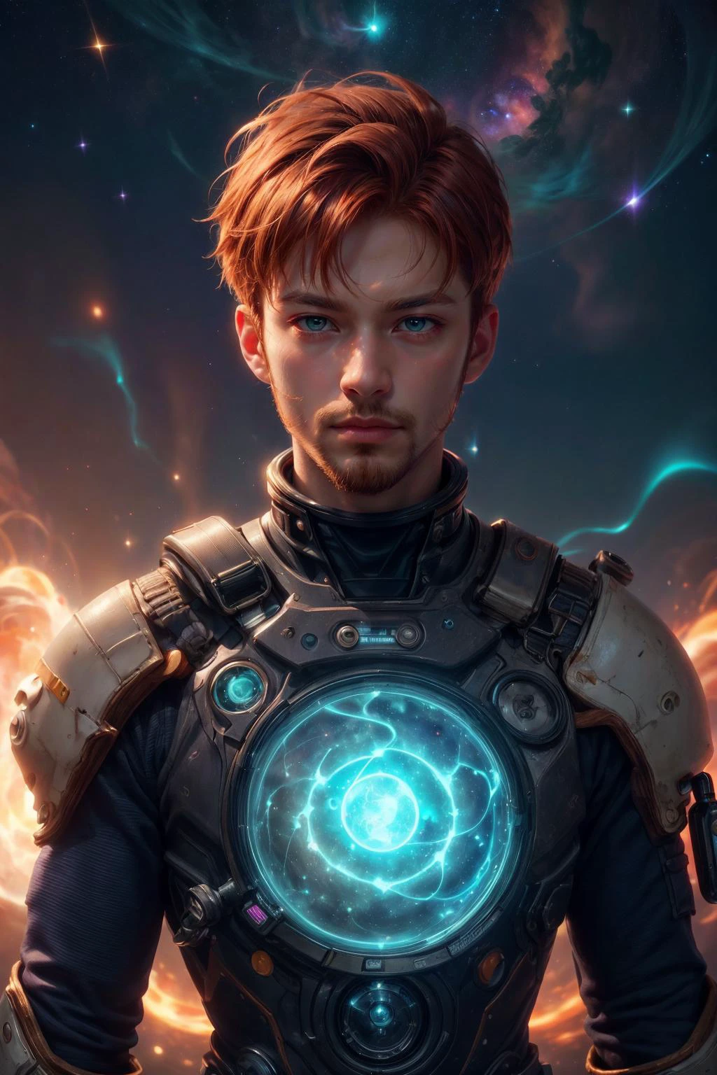 (masterpiece, best quality:1.4), (beautiful, aesthetic, perfect, delicate, intricate:1.2), <lora:more_details:0.75>, <lora:sharpen-soften:-0.25>, <lora:realistic:0.25>,
(1man, thin adult male:1.2), teal eyes, ginger hair, fade with goatee,
Style-GravityMagic, solo, upper body, looking down, detailed background, detailed face, (<lora:AlchemyPunkAI:0.6>, alchemypunkai theme:1.1), cosmic traveler, wearing sleek colorful space suit, insignia, firm determination, hair drifting, venturing beyond the stars, drifting particles, solar flares in background, dramatic lighting, epic futuristic atmosphere,