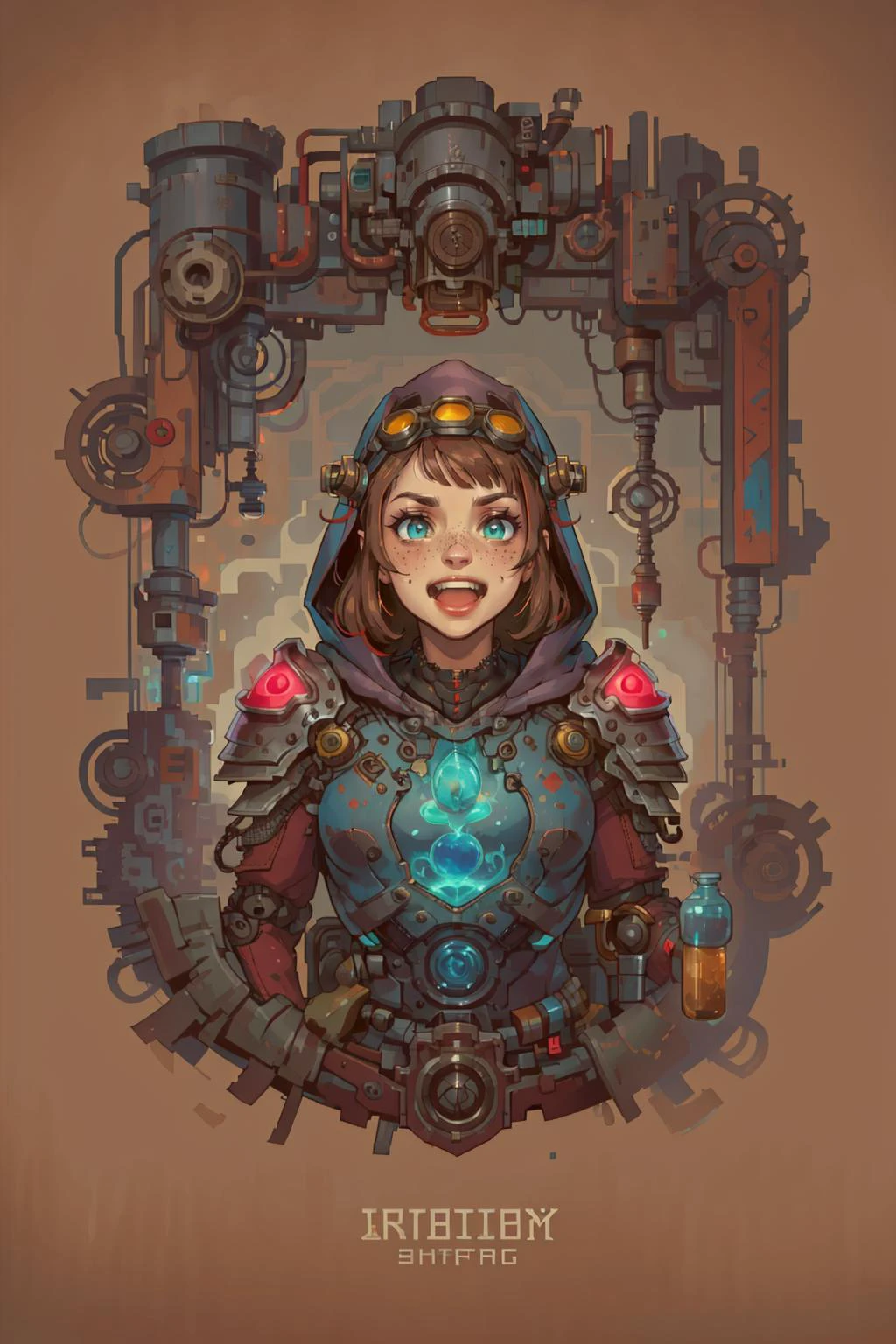 (inked original-art:1.2), (lineart:1.31), (fine-details:1.3), limited-palette, <lora:pixel_f2:0.4>, pixel,
<lora:GoodHands-beta2:0.8>,
1 girl, adult woman, freckles, coral eyes, medium brown textured hair, ombre,
(style-rustmagic:0.8), portrait, (bloody wounds:0.7), looking up, solo, upper body, detailed background, (<lora:AlchemyPunkAI:0.6>, alchemypunkai theme:1.1) maniacal laughter, dynamic pose, dark clouds engineer, floating gears, yellow patched mechanical armor , techwear, mechanical gloves , hood, goggles , workshop in background, machines, steam, industry, engineering, cluttered workbench, , glowing runes, , levers, epic atmosphere,