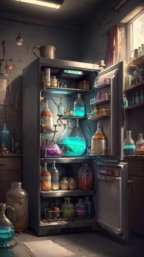 <lora:AlchemyPunkAI:.8> AlchemyPunkAI, refrigerator, cluttered environment