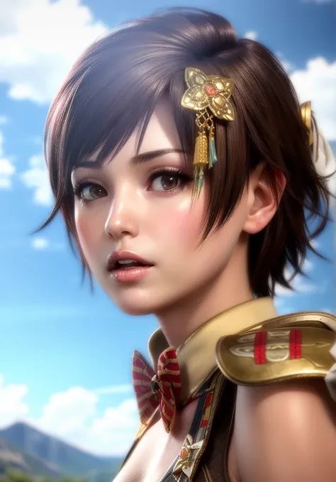 solo,1girl,(looking at viewer),parted lips,(blue sky,sunny,dress,(blush),hair ornament,mountainous horizon),bowtie,
shiny skin, skindentation,light blush, 
 wide angle,<lora:hipoly3DModelLora_hiqcgbody:0.15> hiqcgbody,sam_yang,best quality, ultra high res, (photorealistic:1.4)