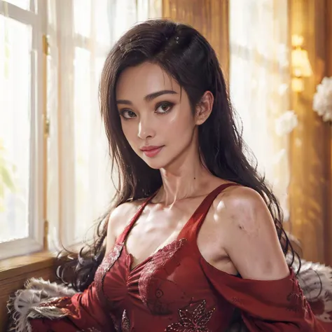 (8k, RAW photo, best quality, masterpiece:1.2), (realistic, photo-realistic:1.37),modelshoot style,(best quality, masterpiece:1.1), (realistic:1.4), 1girl,solo,pose,(upper body),intricate elegant, (highly detailed),sharp focus, dramatic,photorealistic,Chinese,(High Detail ), smile,red dress,(Fashion:1.1),long hair, purple,high-heeled shoes,sitting In the cafe,Screen window, corridor,Curtains of fluttering yarn,((Mottled light and shadow ,depth of field)),masterpiece, best quality, <lora:popularTrainedOnTheMost_v10:1>, <lora:adawang_V1:0.9>, pureerosface_v1, (ulzzang-6500-v1.1:0.6)