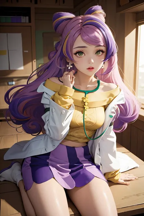 (masterpiece, best quality), 1girl, <lora:miriam_(pokemon):0.8> aamiriam,multicolored hair,long hair,hair bun,bangs,earrings,large breasts,stethoscope,labcoat,white coat,open clothes,yellow sweater,off shoulder,long sleeves,sleeves past wrists,skirt,purple skirt,bandaid,bandaid on leg,sandals
