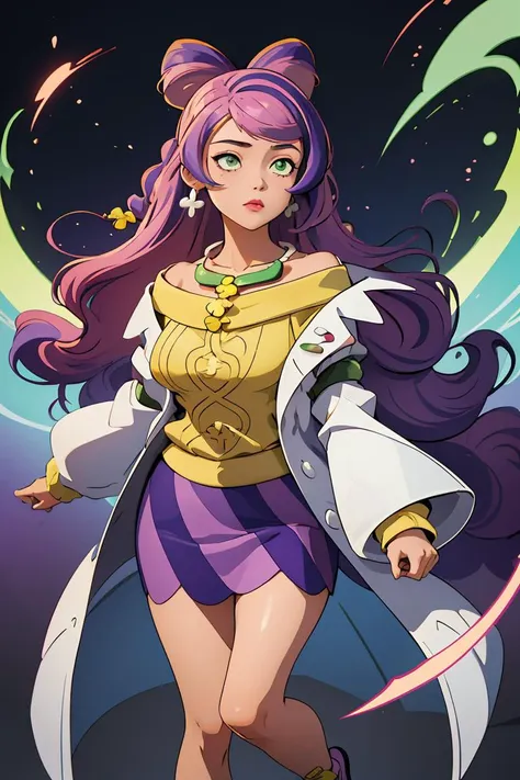 (masterpiece, best quality), 1girl, <lora:miriam_(pokemon):0.8> aamiriam,multicolored hair,long hair,hair bun,bangs,earrings,large breasts,stethoscope,labcoat,white coat,open clothes,yellow sweater,off shoulder,long sleeves,sleeves past wrists,skirt,purple skirt,bandaid,bandaid on leg,sandals