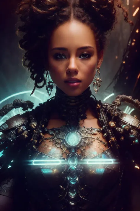 <lora:Alicia_Keys:1>, <lora:rmadart3NoiseoffsetSD1_v10:1>, <lora:solarpunkai_v10:1> , sexual biomechanical hacker - shaman of the sisterhood of cables wearing cable - dress made of cables with biomechanical filigree, super haute couture highly detailed eye, focus on eyes and face, highly detailed lips, highly detailed skin, bokeh, lenseflare, by Emil Melmoth, Marcin Nagraba, Rebecca Millen, shot with Hasselblad X1D - 50c