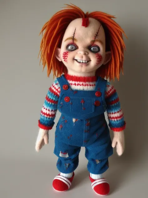 raw photo, very detailed, cute chucky a male, felt, felted, handmade <lora:Chucky_protogen:0.6>, photography, model contest, realistic, front view