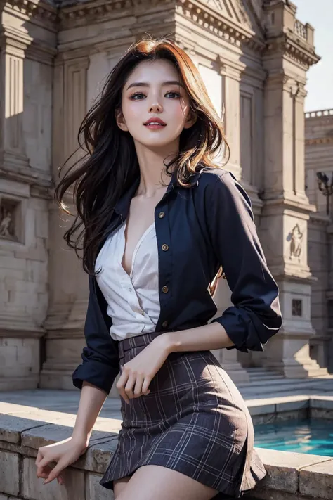 Best quality, masterpiece, ultra high res, raw photo, beautiful and aesthetic,deep shadow, dark theme,(photorealistic:1.4),
1girl, smile, skirt,((ragged shirt)), half body composition, ((small chest)),
Graceful poise, evocative atmosphere, magnetic presence, refined seduction, captivating mystique,
Intricate zentangle patterns, a single female figure, astonishing level of detail, generously endowed, striking perspective, a chaotic masterpiece, gracefully poised, inspired by rococo architecture, vibrant color palette, undertones,outdoors