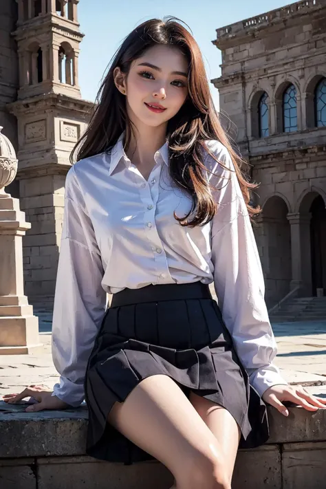 Best quality, masterpiece, ultra high res, raw photo, beautiful and aesthetic,deep shadow, dark theme,(photorealistic:1.4),
1girl, smile, skirt,((ragged shirt)), half body composition, ((small chest)), 
Graceful poise, evocative atmosphere, magnetic presence, refined seduction, captivating mystique,
Intricate zentangle patterns, a single female figure, astonishing level of detail, generously endowed, striking perspective, a chaotic masterpiece, gracefully poised, inspired by rococo architecture, vibrant color palette, undertones,outdoors