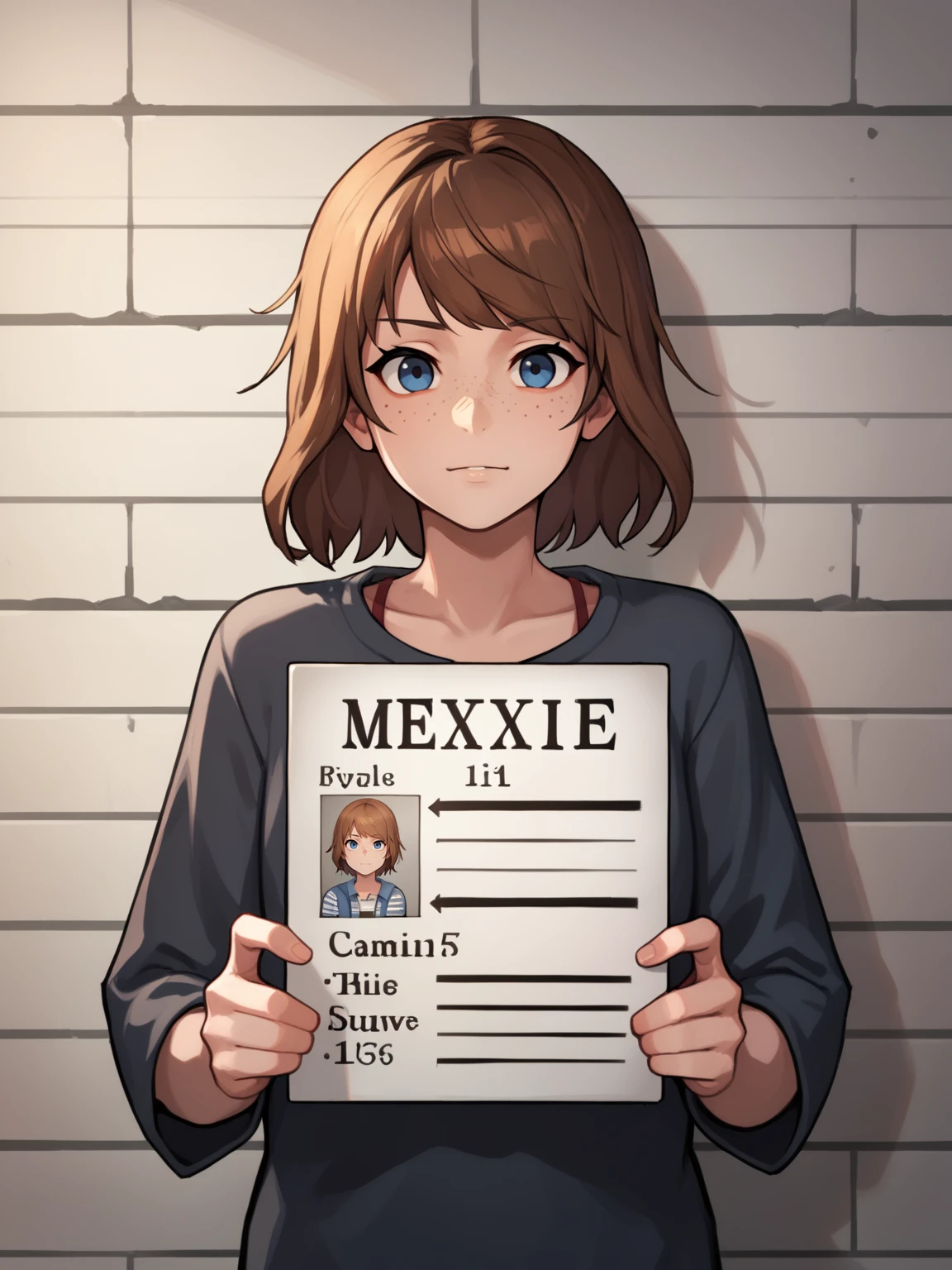 score_9, score_8_up, score_7_up, score_6_up, score_5_up, score_4_up, BREAK, source_cartoon, source_anime, 1girl, maxine_caufield_byammpu, brown hair, long hair, blue eyes, freckles, mugshot, holding sign, looking at viewer <lora:MaxCaulfield_XL:1>