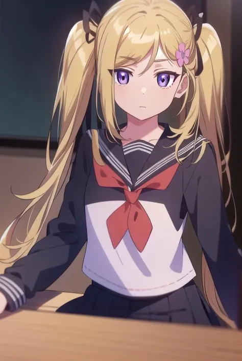 mafuyuorifushi, <lora:mafuyuorifushi-lora-nochekaiser:1>, 
mafuyu orifushi, long hair, blonde hair, hair ornament, ribbon, twintails, (purple eyes:1.1), hair ribbon,
BREAK school uniform, serafuku, bow, red bow, black sailor collar, black skirt, skirt,
BREAK looking at viewer,
BREAK indoors, classroom,
BREAK <lyco:GoodHands-beta2:1>, (masterpiece:1.2), best quality, high resolution, unity 8k wallpaper, (illustration:0.8), (beautiful detailed eyes:1.6), extremely detailed face, perfect lighting, extremely detailed CG, (perfect hands, perfect anatomy),