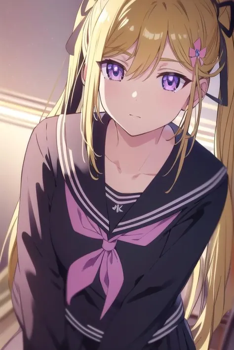 mafuyuorifushi, <lora:mafuyuorifushi-lora-nochekaiser:1>, 
mafuyu orifushi, long hair, blonde hair, hair ornament, ribbon, twintails, (purple eyes:1.1), hair ribbon,
BREAK school uniform, serafuku, bow, red bow, black sailor collar, black skirt, skirt,
BREAK looking at viewer,
BREAK indoors, classroom,
BREAK <lyco:GoodHands-beta2:1>, (masterpiece:1.2), best quality, high resolution, unity 8k wallpaper, (illustration:0.8), (beautiful detailed eyes:1.6), extremely detailed face, perfect lighting, extremely detailed CG, (perfect hands, perfect ),