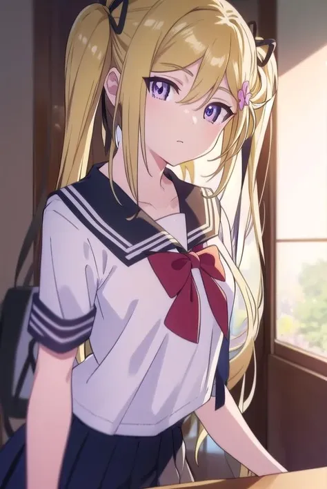 mafuyuorifushi, <lora:mafuyuorifushi-lora-nochekaiser:1>, 
mafuyu orifushi, long hair, blonde hair, hair ornament, ribbon, twintails, (purple eyes:1.1), hair ribbon,
BREAK school uniform, serafuku, bow, red bow, black sailor collar, black skirt, skirt,
BREAK looking at viewer,
BREAK indoors, classroom,
BREAK <lyco:GoodHands-beta2:1>, (masterpiece:1.2), best quality, high resolution, unity 8k wallpaper, (illustration:0.8), (beautiful detailed eyes:1.6), extremely detailed face, perfect lighting, extremely detailed CG, (perfect hands, perfect anatomy),