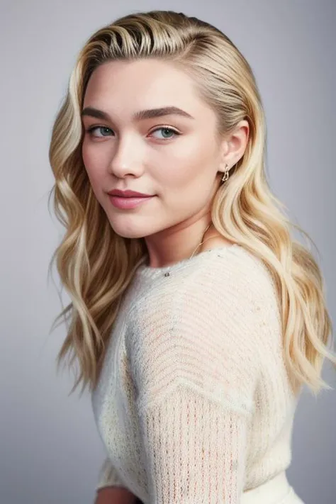 photo of FlorencePugh3, portrait, hair, (white studio wall), smile, detailed face, intricate, elegant, sharp focus, photo by, soft lighting, vibrant colors, masterpiece, detailed face, beautiful ,