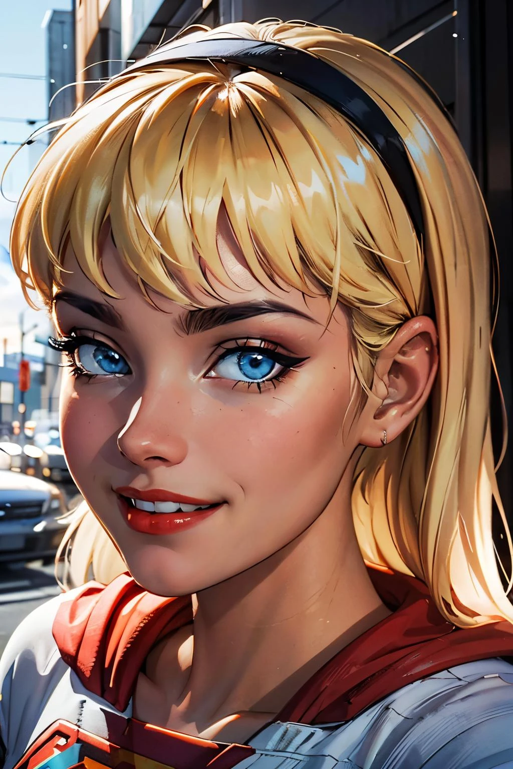 supes, blonde hair, blue eyes, crop top, midriff,cape headband, red lips, looking at viewer, smiling, close up portrait,
outside, blue sky, extreme detail, hdr, beautiful quality, <lora:supergirlSTAS:.8>