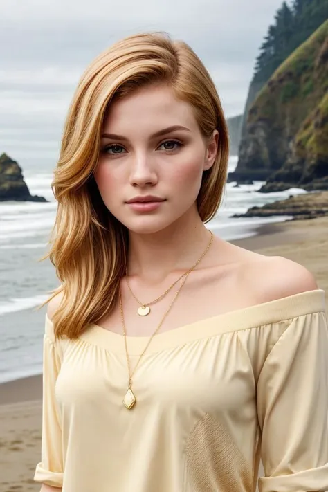 European woman, closeup, (shirt), pants, (oregon coast), gold necklace , ZM_nathalie , wide shoulders, perfect face, (contact iris: 1.1), pale skin, skin pores , depth of field