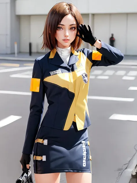 (extremely detailed CG), (best quality), 1girl, perfect face, shiny skin, lustrous skin, wide hips,narrow waist, <lora:JasimneDeka-10:0.8> JasmineDeka ,fingerless gloves,armband,short hair, long sleeves,jacket,pencil skirt,boots,uniform, skirt, brown eyes, gloves, brown hair, smile,
