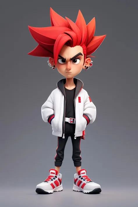 European and American cartoon characters, original character design, hand-drawn drafts, 1boy, male focus, solo, jacket, red hair, shoes, belt, pants, shirt, simple background, white background, open jacket, holding, open clothes, black jacket, full body, white shirt, standing, hand on hip, spiked hair, dark skin, closed mouth, multicolored hair, dark-skinned male, two-tone hair, ear piercing, sneakers, piercing, mohawk<lora:Cartoon characters:0.7>,