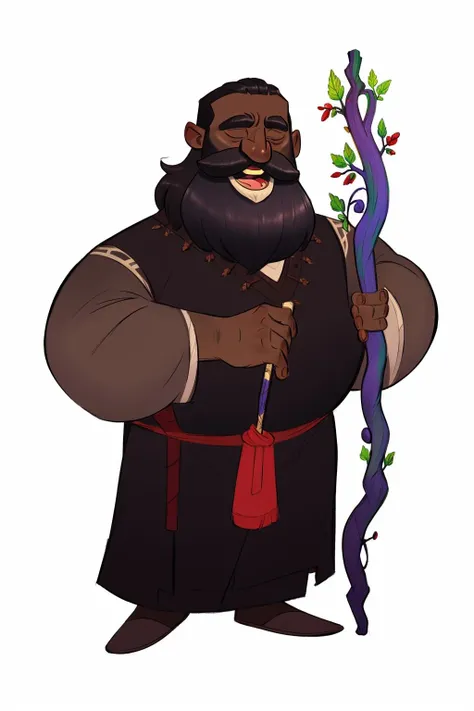 European and American cartoon characters, original character design, hand-drawn drafts, 1boy, solo, male focus, facial hair, holding, white background, open mouth, simple background, staff, closed eyes, dark skin, full body, beard, standing, smile, holding staff, mustache, dark-skinned male<lora:Cartoon characters:1>