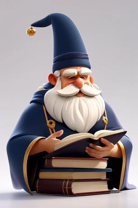 European and American cartoon characters, original character design, hand-drawn drafts, 1boy, solo, male focus, book, hat, facial hair, arm behind back, simple background, holding book, white background, mustache, holding, beard, white hair, full body, standing, wizard, robe, open book, old, wizard hat, old man,<lora:Cartoon characters:0.8>