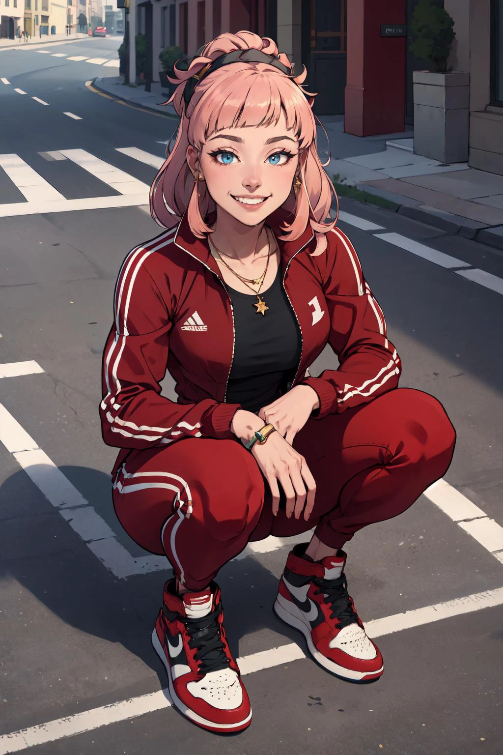 (masterpiece,best quality,absurdres),outside,city street,from above,slav squatting,air_jordan_1,1girl,feliciarnd,tracksuit,grin,gold necklace,jewelry, <lora:felicia-fe-richy-v1:0.8> <lora:air_jordan_1:0.8>
