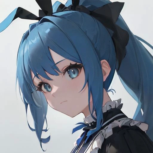 1girl, solo, ((masterpiece)), blue hair, ponytail, frills, looking_to_the_side, zooming_in, expressionless, closed_mouth