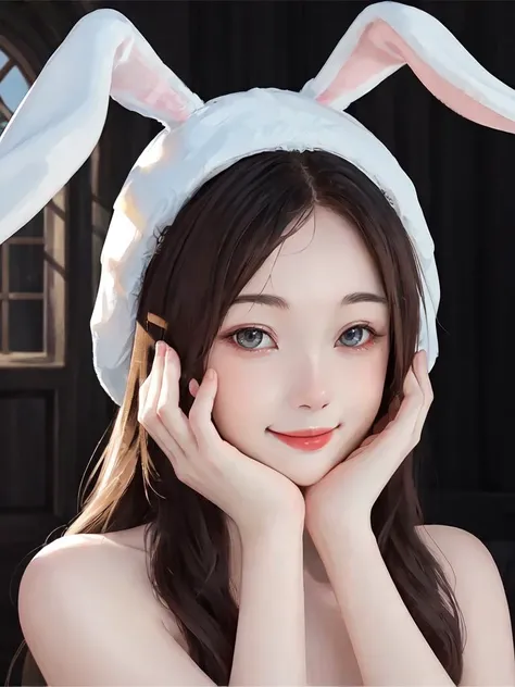 masterpiece, best quality, photorealistic, 1girl, HDR, 8K, best lighting, detailed face, beautiful face, <lora:llfyushuxin:1>, smile, bunny_ears_hat, <lora:bunny_ears_hat:0.6>, cowboy shot, hands on face