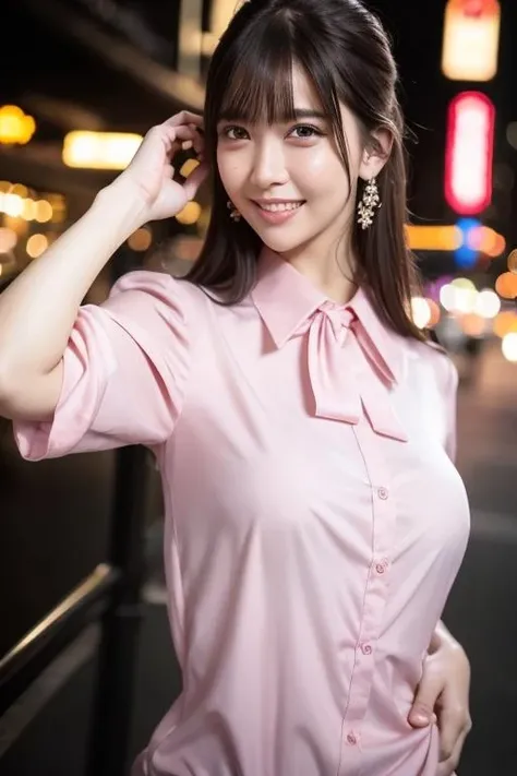 1girl,(wearing a light pink blouse:1.2),(RAW photo, best quality), (realistic, photo-realistic:1.4), masterpiece, an extremely delicate and beautiful, extremely detailed, 2k wallpaper, Amazing, finely detail, extremely detailed CG unity 8k wallpaper, ultra-detailed, highres, soft light, beautiful detailed girl, extremely detailed eyes and face, beautiful detailed nose, beautiful detailed eyes,cinematic lighting,city lights at night,perfect anatomy,slender body,smiling , <lora:amaukisumi_lora:0.7>
