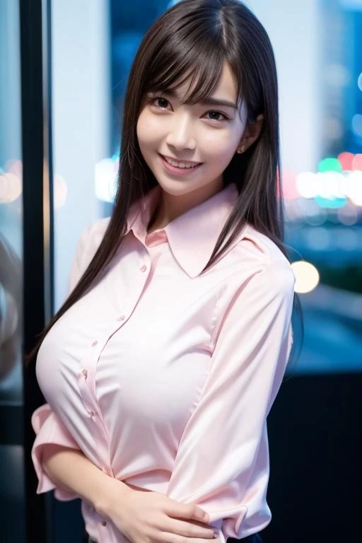 1girl,(wearing a light pink business blouse:1.4),(RAW photo, best quality), (realistic, photo-realistic:1.4), masterpiece, an extremely delicate and beautiful, extremely detailed, 2k wallpaper, Amazing, finely detail, extremely detailed CG unity 8k wallpaper, ultra-detailed, highres, soft light, beautiful detailed girl, extremely detailed eyes and face, beautiful detailed nose, beautiful detailed eyes,cinematic lighting,city lights at night,perfect anatomy,slender body,smiling , <lora:amaukisumi_lora:0.7>