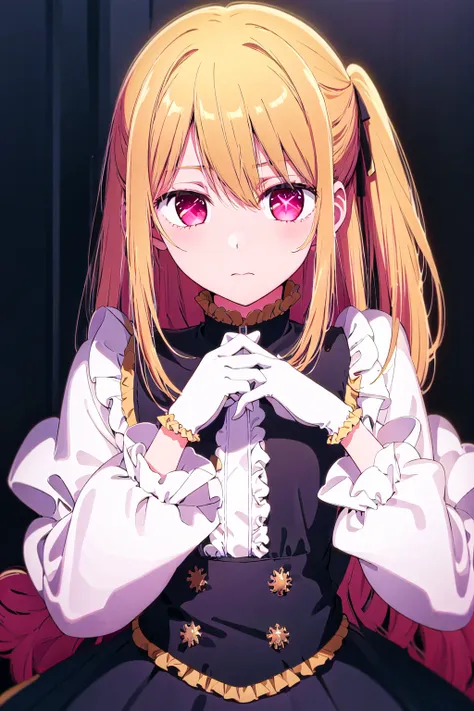 masterpiece, best quality, <lyco:Ruby3:0.7>, ruby hoshino, +_+, blonde hair, expressionless, looking at viewer, 1girl, solo,, detailed eyes,  upperbody, frilled dress, frilled sleeves, long sleeves, white gloves, frills,