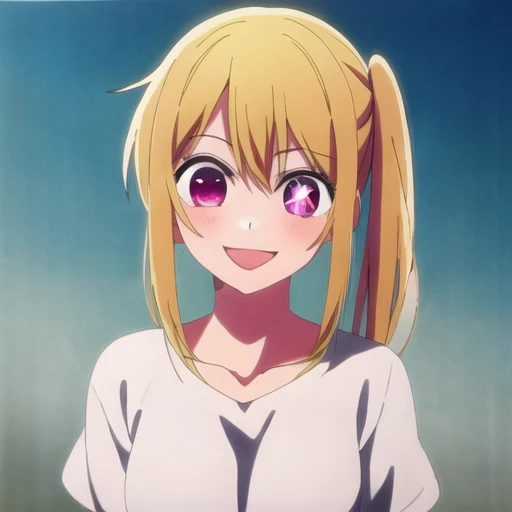 <lora:ruby_hoshino:0.75>, anime screencap, 1girl, blonde hair, side ponytail, ruby eyes, smile, upperbody