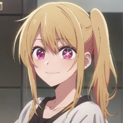 <lora:ruby hoshino v2:0.7>  ruby hoshino, blonde hair, side ponytail, ruby eyes, smile,star on eye, anime screencap, upper body, face