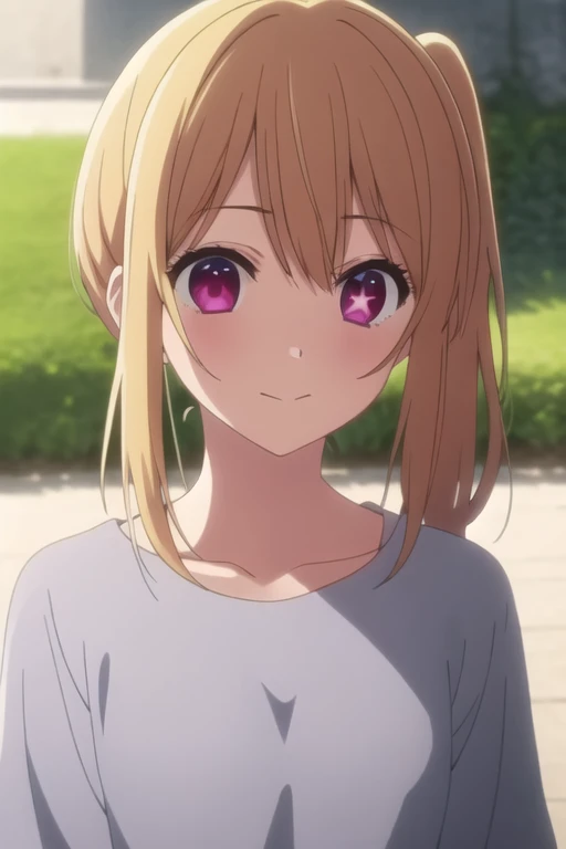 <lora:ruby_hoshino:0.4>, anime screencap, 1girl, blonde hair, side ponytail, ruby eyes, closed mouth, star on eye, <lora:kyoto animation_artstyle_LoCon:0.5>, Kyoto Animation screencap, face, outdoors