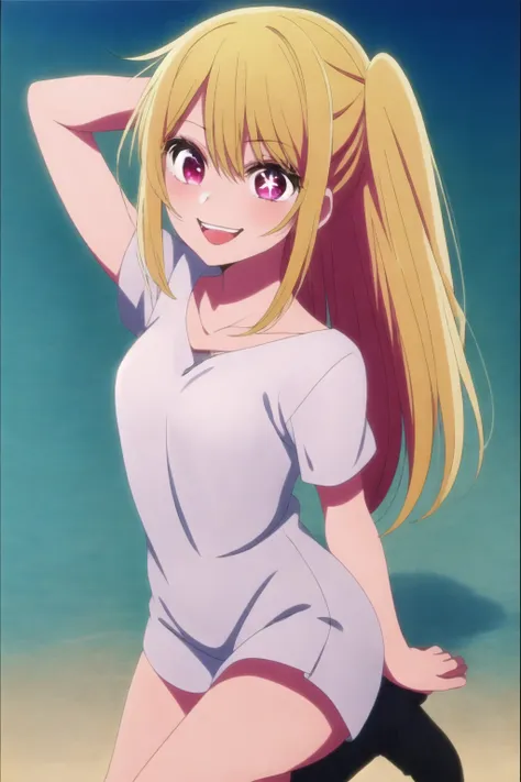 <lora:ruby_hoshino:0.8>, anime screencap, 1girl, blonde hair, side ponytail, ruby eyes, smile, upperbody, star on right eye, frilled sleeves, elbow