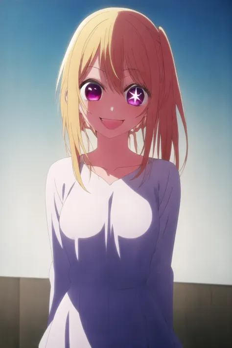 <lora:ruby_hoshino:0.8>, anime screencap, 1girl, blonde hair, side ponytail, ruby eyes, smile, upperbody, star on right eye