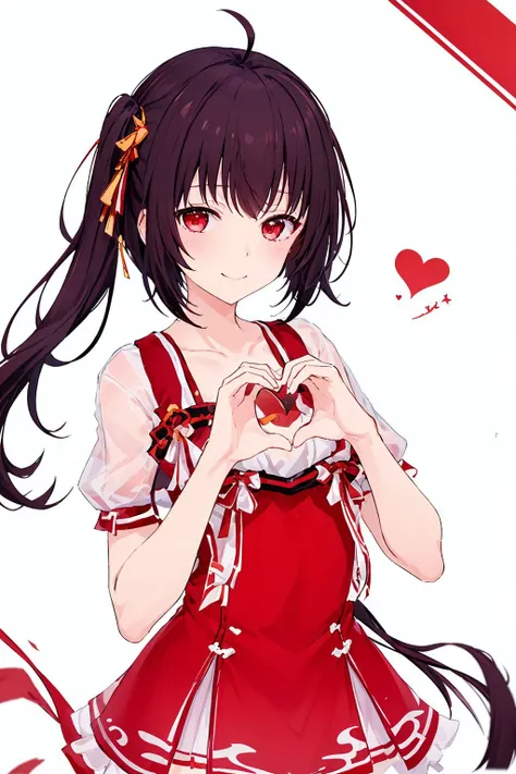 (best quality, high quality, masterpiece),(absurdres, highres),
1girl,upper body, lingyuan yousa,light smile, heart hands, flat chest,red eyes, side ponytail,
<lora:lingyuan_yousa-000008:0.7>