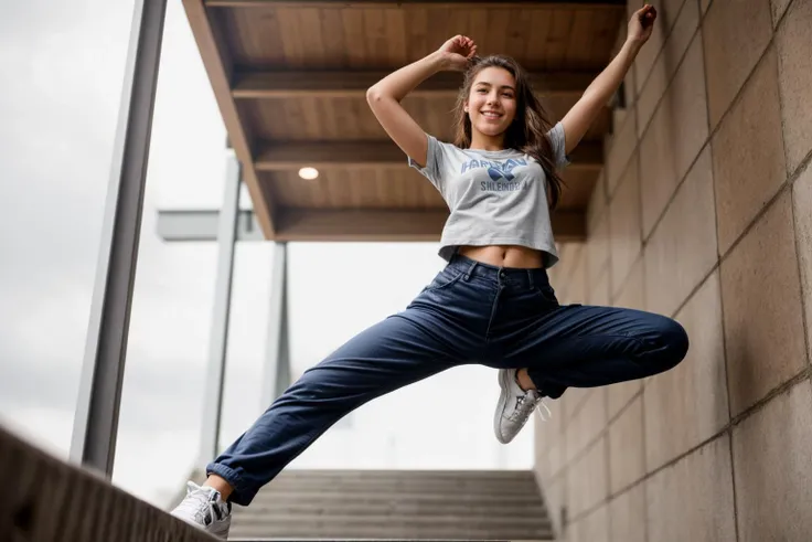 full body,from below,photo of a 18 year old girl,Parkour,happy,shirt,pants,ray tracing,detail shadow,shot on Fujifilm X-T4,85mm f1.2,sharp focus,depth of field,blurry background,bokeh,motion blur,<lora:add_detail:1>,