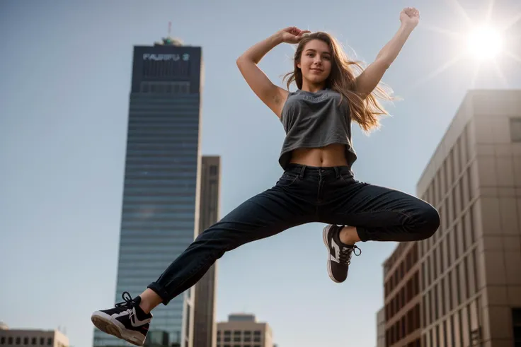 full body,from below,photo of a 18 year old girl,Parkour,happy,ray tracing,detail shadow,shot on Fujifilm X-T4,85mm f1.2,sharp focus,depth of field,blurry background,bokeh,motion blur,<lora:add_detail:1>,