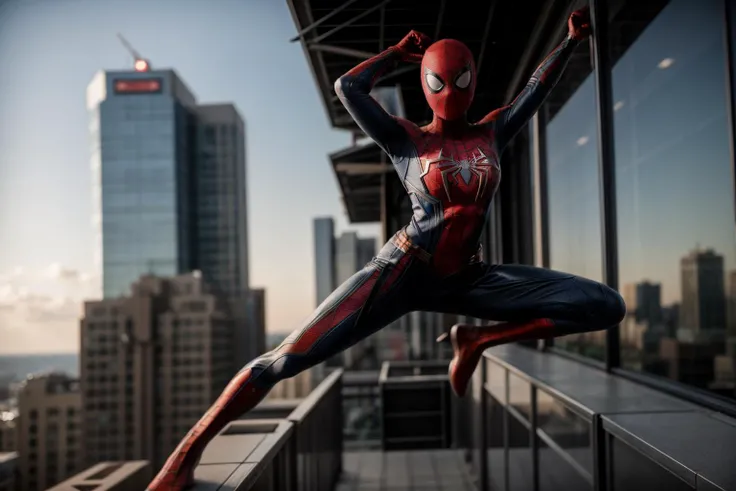 Marvel s,full body,from below,photo of a 18 year old girl,spiderman,Parkour,happy,ray tracing,detail shadow,shot on Fujifilm X-T4,85mm f1.2,sharp focus,depth of field,blurry background,bokeh,motion blur,<lora:add_detail:1>,