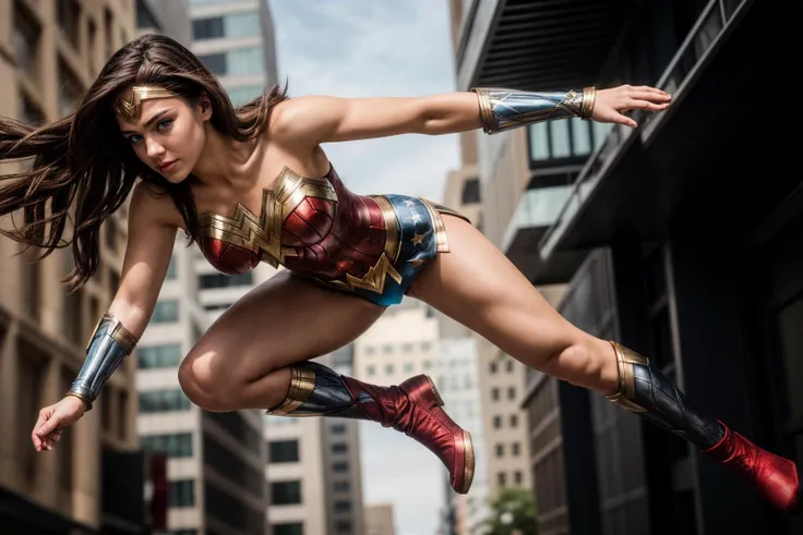 DC s,full body,photo of a 18 year old girl,wonder woman,Parkour,happy,ray tracing,detail shadow,shot on Fujifilm X-T4,85mm f1.2,sharp focus,depth of field,blurry background,bokeh,lens flare,motion blur,<lora:add_detail:1>,