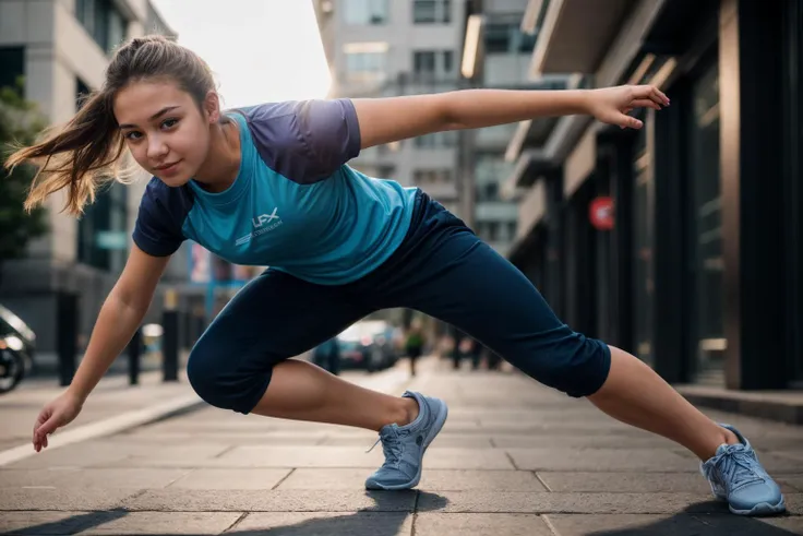 full body,photo of a 18 year old girl,Parkour,happy,ray tracing,detail shadow,shot on Fujifilm X-T4,85mm f1.2,sharp focus,depth of field,blurry background,bokeh,lens flare,motion blur,<lora:add_detail:1>,