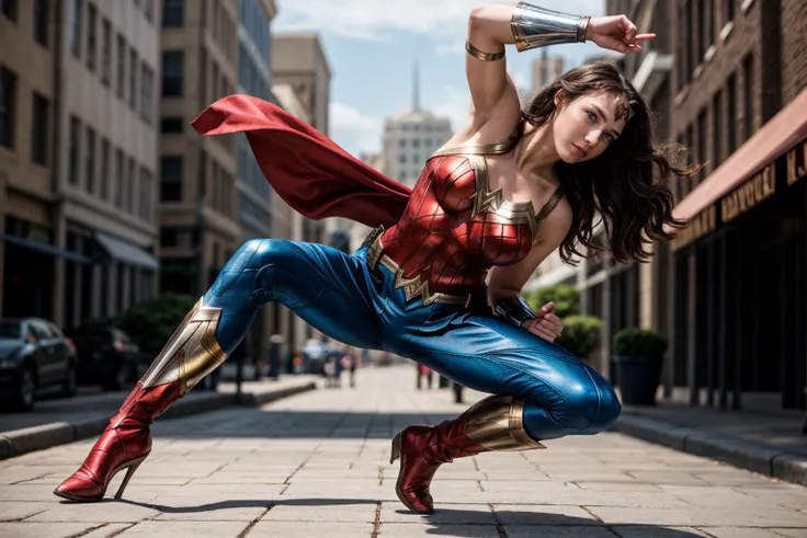 DC s,full body,photo of a 18 year old girl,wonder woman,Parkour,happy,looking at viewer,blue eyes,pants,ray tracing,detail shadow,shot on Fujifilm X-T4,85mm f1.2,sharp focus,depth of field,blurry background,bokeh,motion blur,<lora:add_detail:1>,