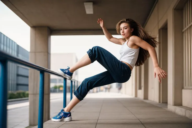 1990s,full body,wide shot,photo of a 18 year old girl,Parkour,happy,ray tracing,detail shadow,shot on Fujifilm X-T4,85mm f1.2,sharp focus,depth of field,blurry background,bokeh,<lora:add_detail:1>,