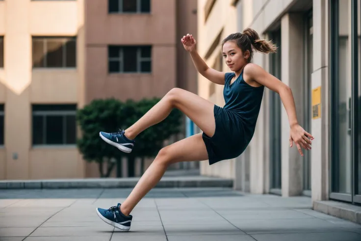 full body,wide shot,photo of a 18 year old girl,Parkour,happy,ray tracing,detail shadow,shot on Fujifilm X-T4,85mm f1.2,sharp focus,depth of field,blurry background,bokeh,<lora:add_detail:1>,