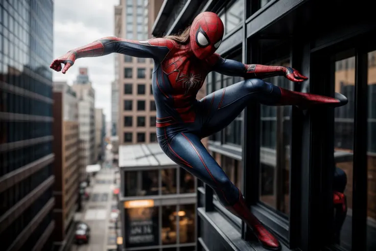 Marvel movies,full body,photo of a 18 year old girl,spiderman,Parkour,happy,looking at viewer,blue eyes,ray tracing,detail shadow,shot on Fujifilm X-T4,85mm f1.2,sharp focus,depth of field,blurry background,bokeh,motion blur,<lora:add_detail:1>,