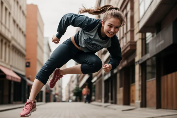 from below,photo of a 18 year old girl,Parkour,happy,laughing,fit and petite body,ray tracing,detail shadow,shot on Fujifilm X-T4,85mm f1.2,sharp focus,depth of field,blurry background,bokeh,lens flare,motion blur,<lora:add_detail:1>,